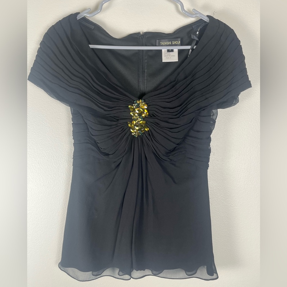 Tadashi Shoji Silk Bling Jeweled Blouse Top Ruched Black Size 2 Formal NWT